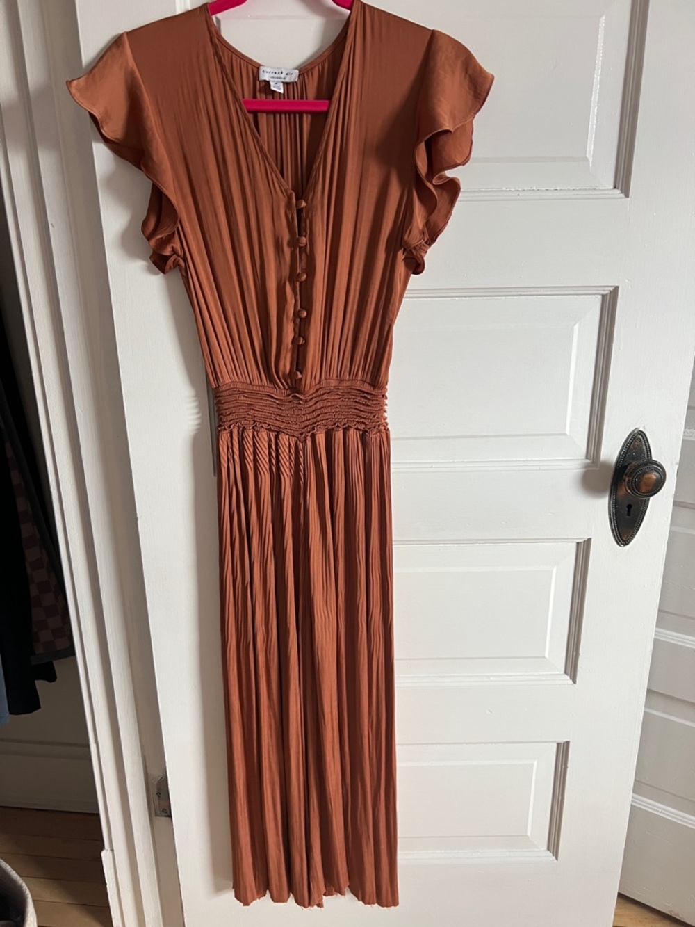 Current Air Rust-Orange Button Front Smocked-Waist Jumpsuit